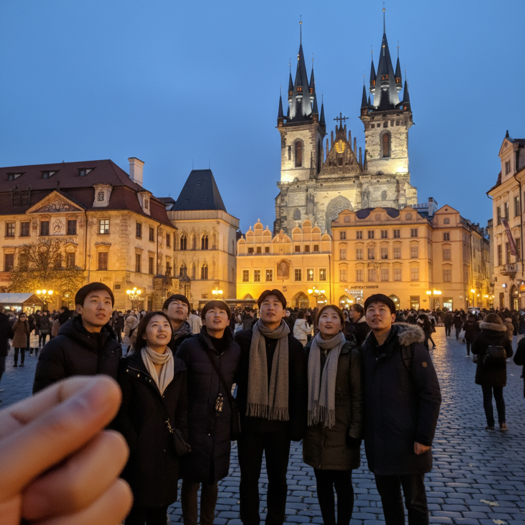 프라하 구시가지 광장의 황금빛 야경과 천문시계