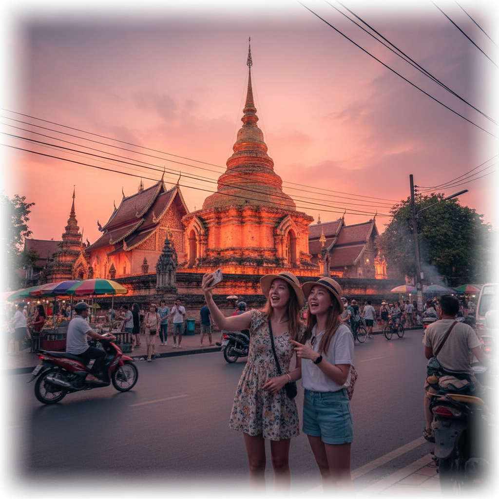 석양에 물든 치앙마이 올드 시티의 사원과 거리 풍경