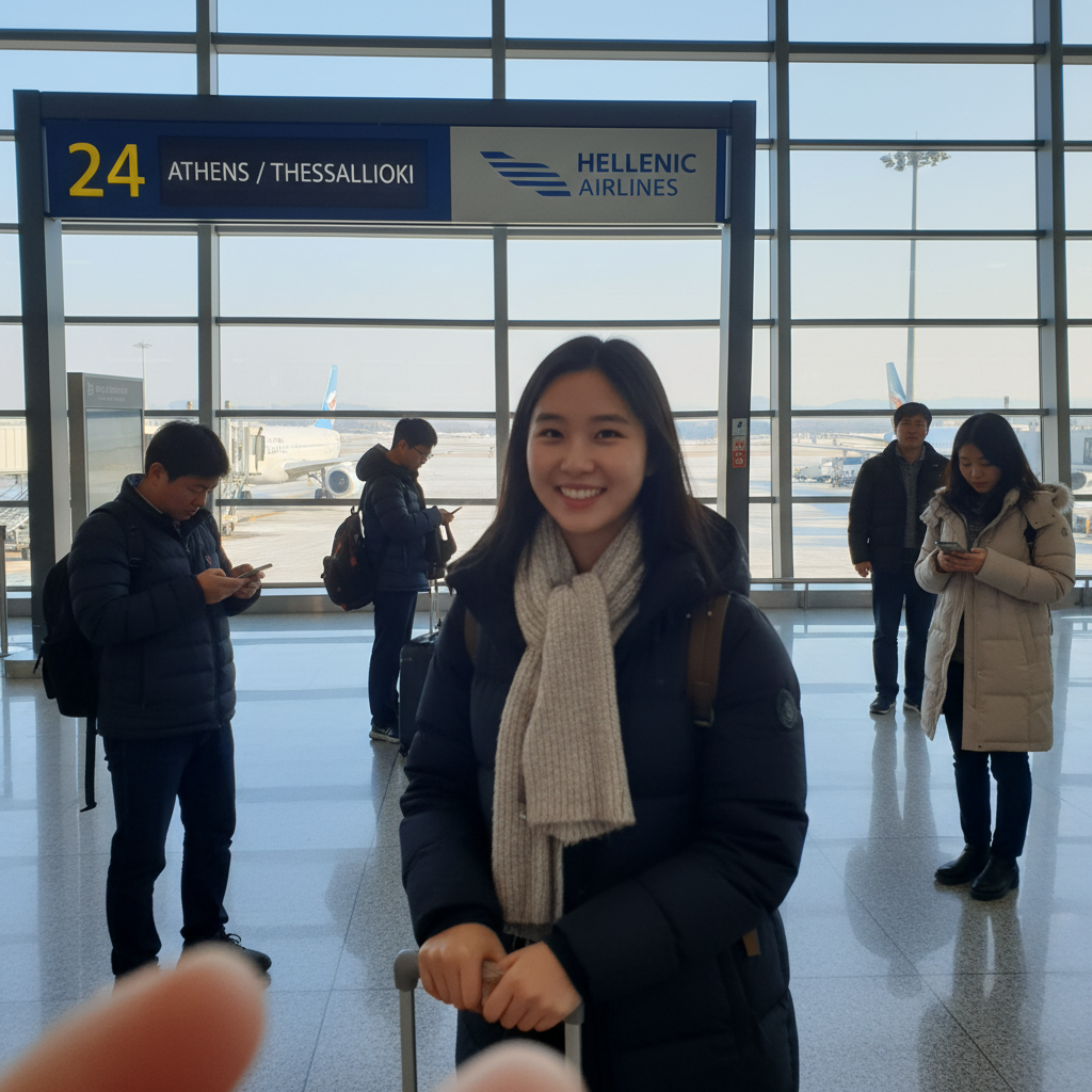 인천공항 출국장에서 그리스행 비행기 탑승구 앞에서 찍은 사진