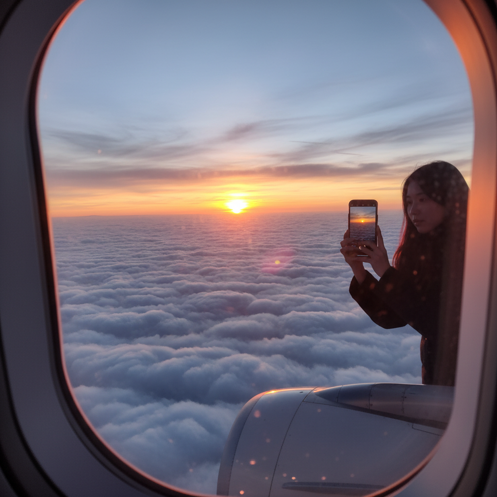 비행기 창문으로 보이는 일출과 구름 위 풍경