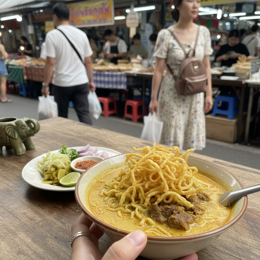 노란 카레 국물에 면과 고기가 들어간 카오소이