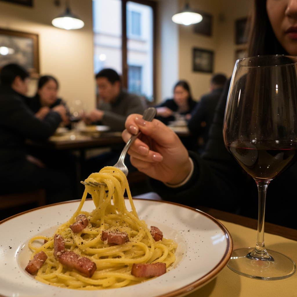 로마의 작은 레스토랑에서 촬영한 정통 카르보나라와 레드와인