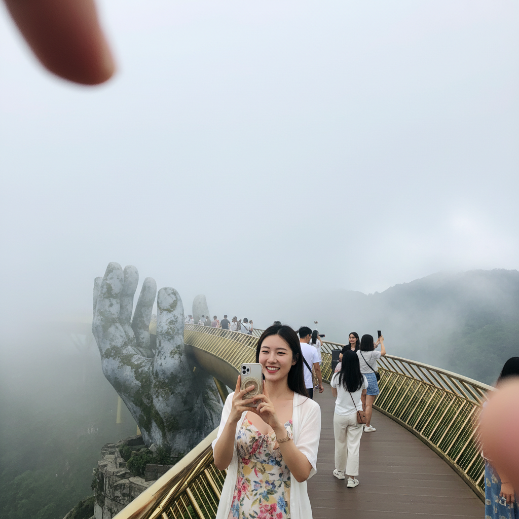 바나힐스 골든브릿지에서 거대한 손 조형물과 안개에 둘러싸인 풍경