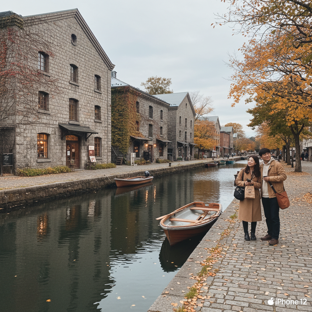 오타루 운하의 가을 풍경과 석조 건물들