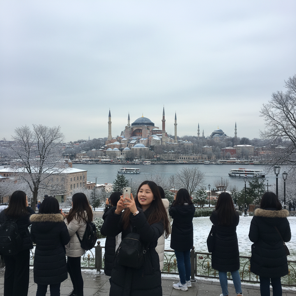 이스탄불 블루모스크와 아야소피아 전경이 보이는 겨울 풍경