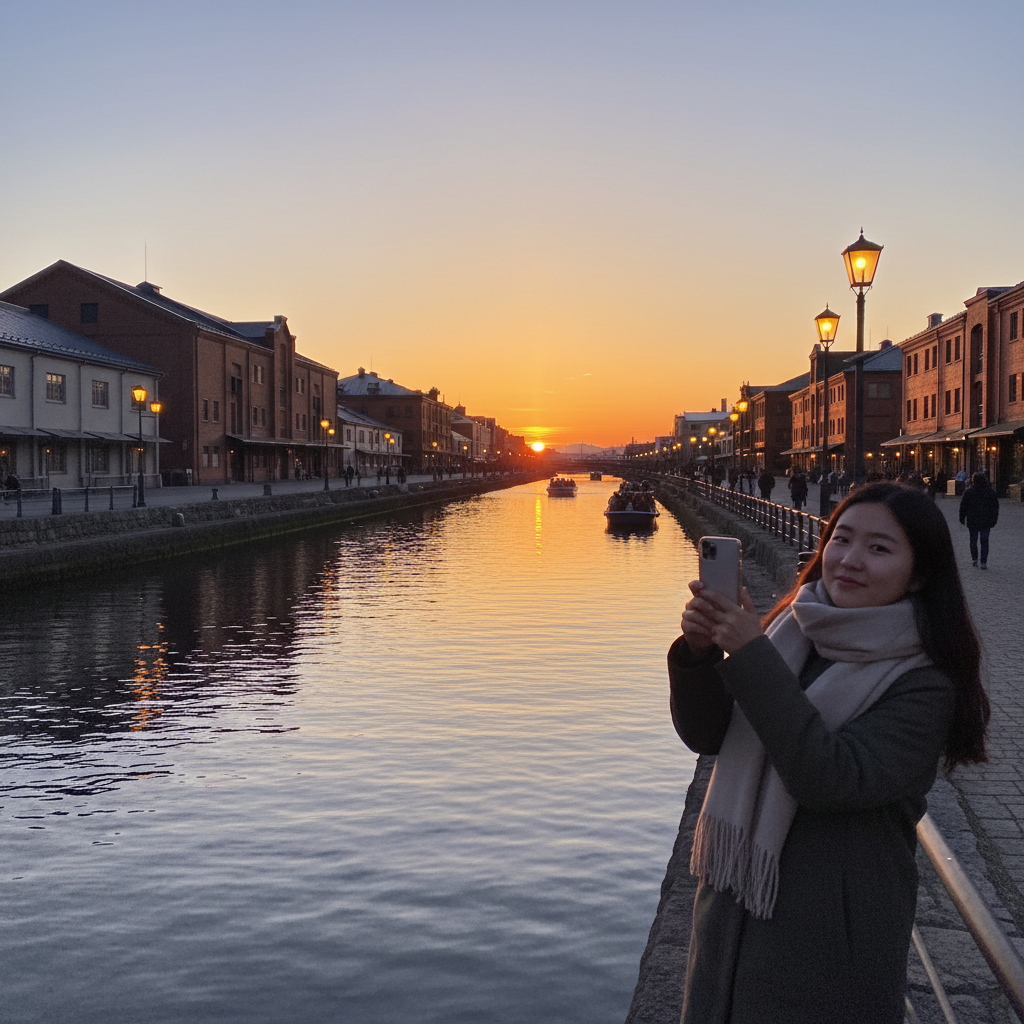오타루 운하의 석양과 가스등 불빛이 만드는 오렌지색 풍경