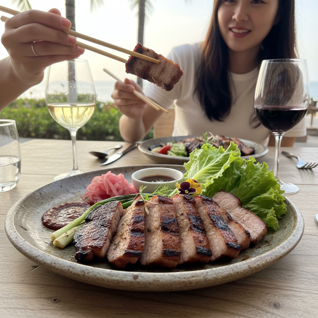 코우브 레스토랑의 세부 흑돼지 구이 플레이팅