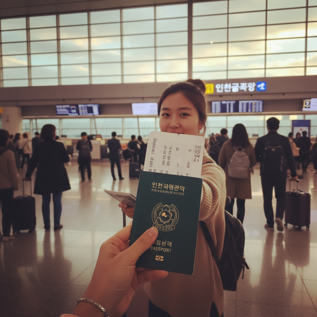 인천공항 출발장에서 여권과 티켓을 들고 있는 모습