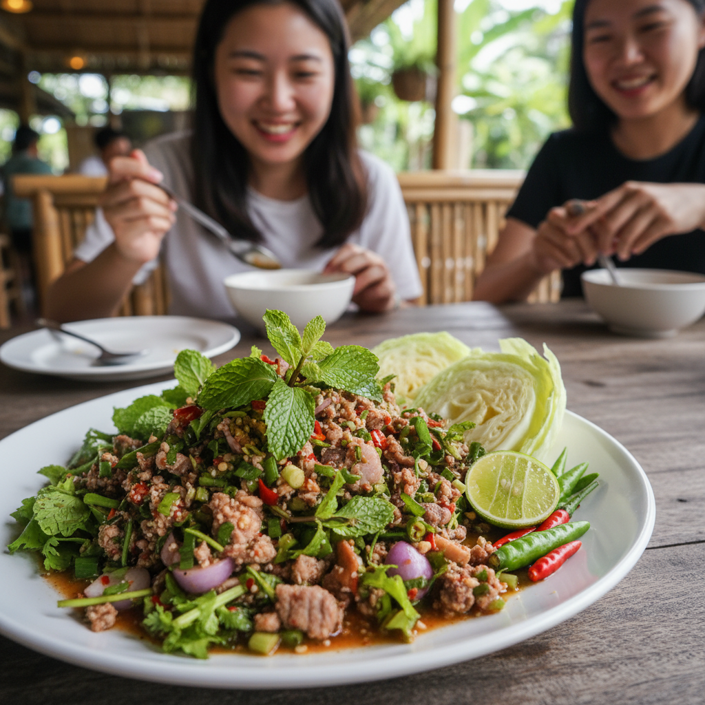 허브와 고기가 어우러진 화려한 색감의 라프 요리