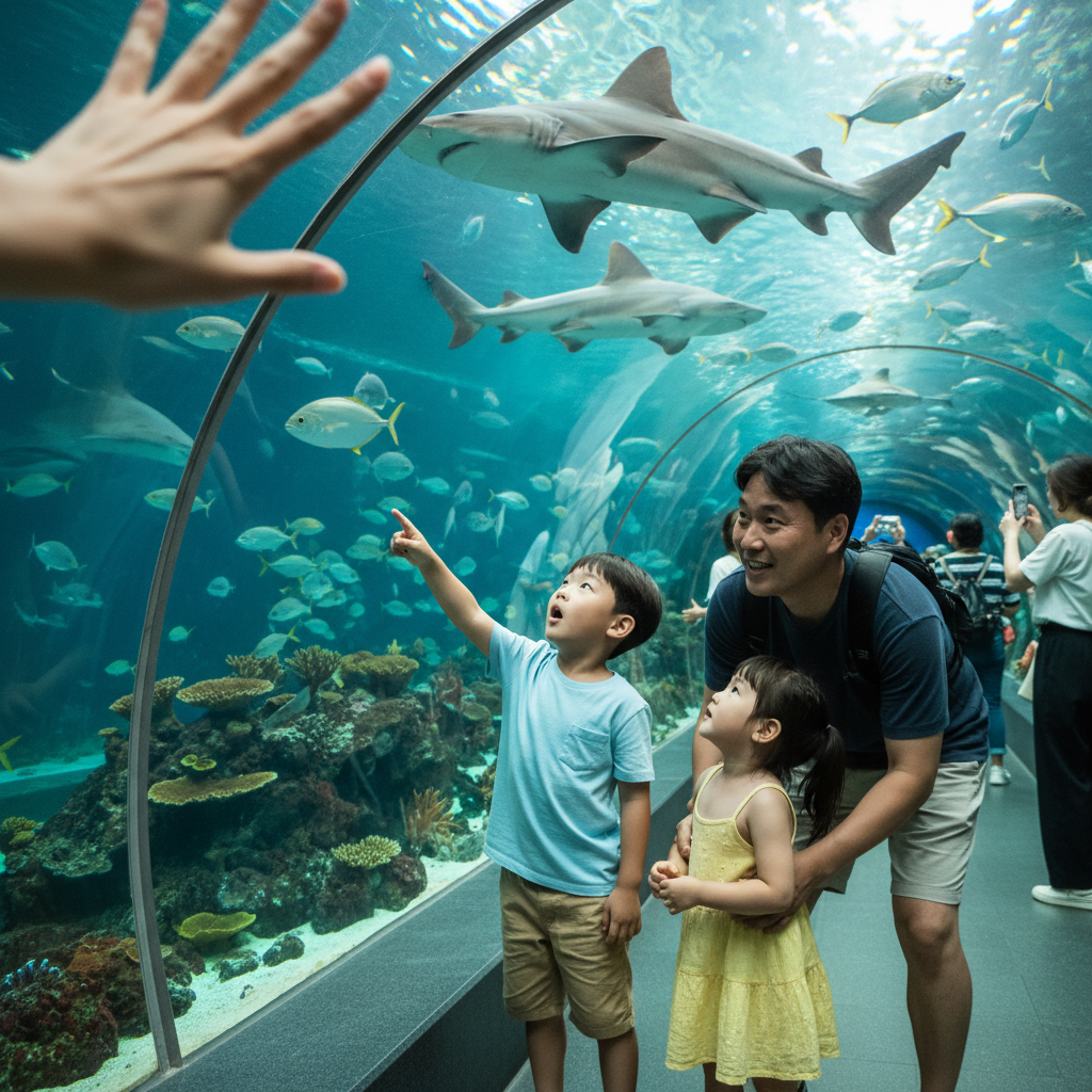 수족관 터널 앞에서 신기해하는 아이들