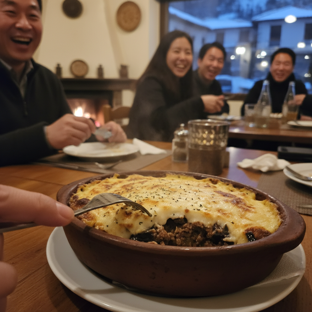 아라호바 전통 레스토랑에서의 무사카 요리