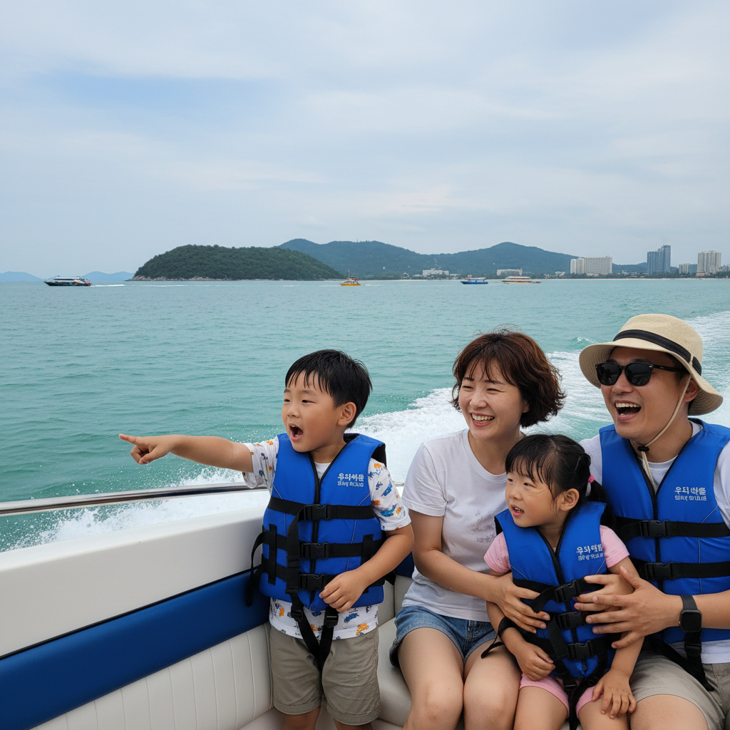 산호섬으로 가는 배 위에서 바다를 구경하는 가족