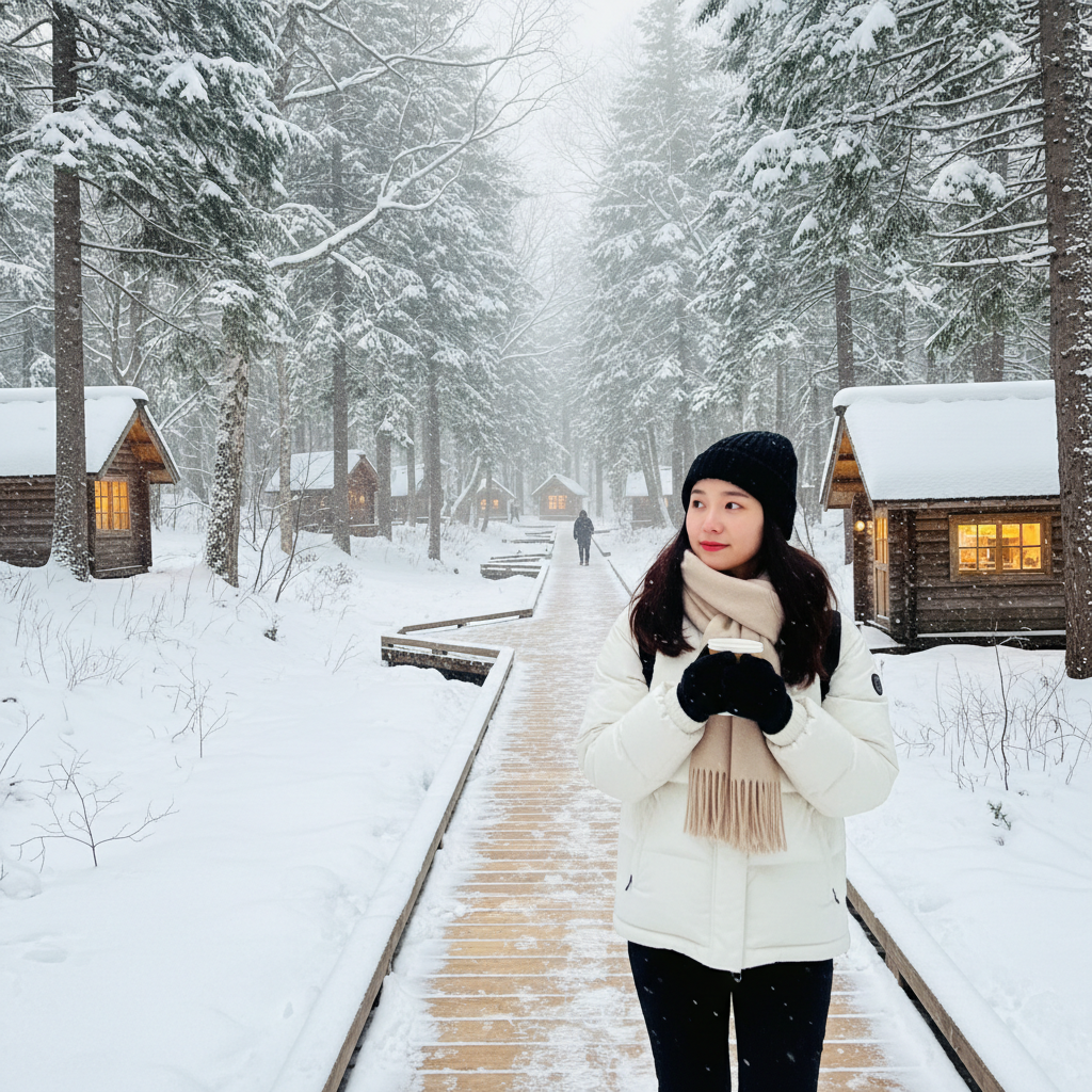 닝구르 테라스의 나무 데크 산책로와 눈 덮인 숲