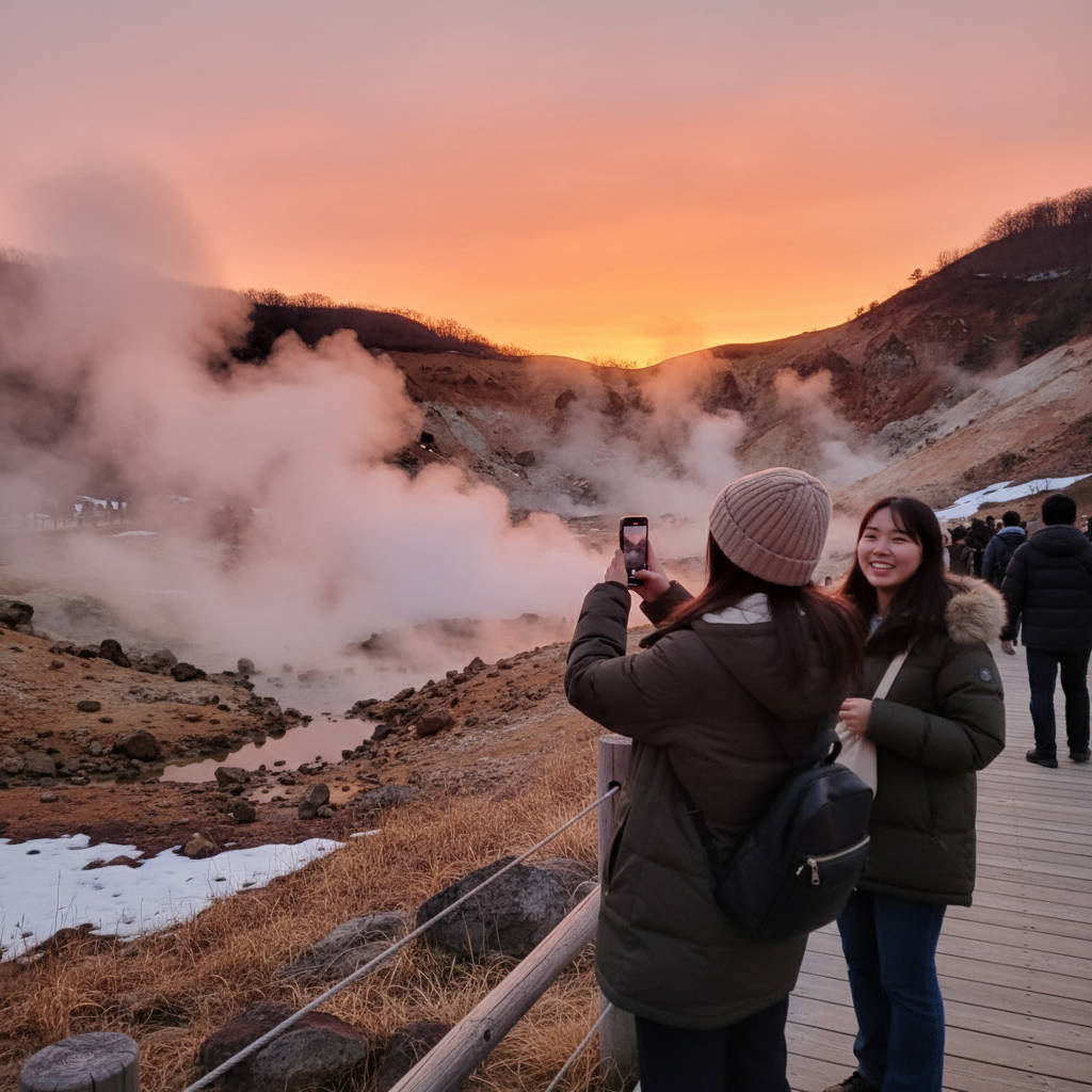 노보리베츠 지옥계곡의 김이 피어오르는 온천과 붉게 물든 석양