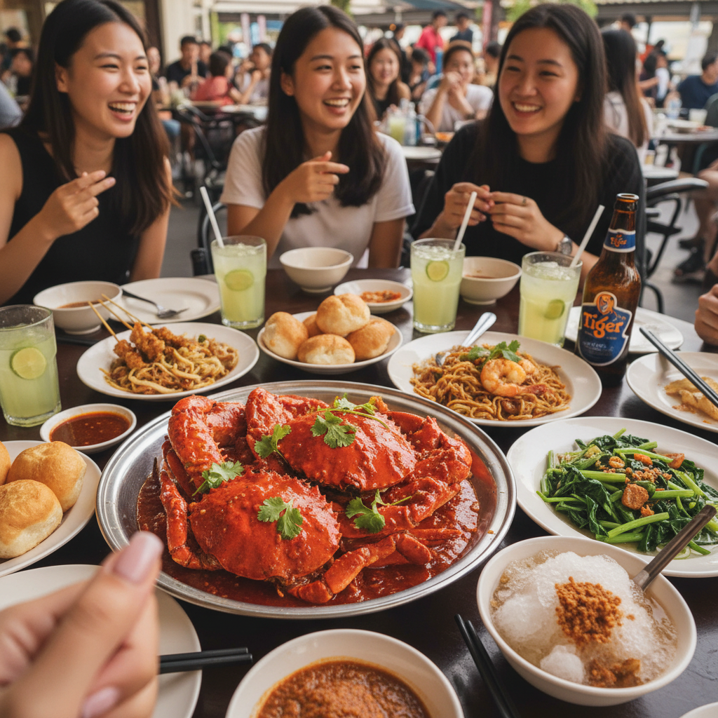 테이블 가득 차려진 칠리 크랩과 그 주변에 놓인 다양한 싱가포르 음식들