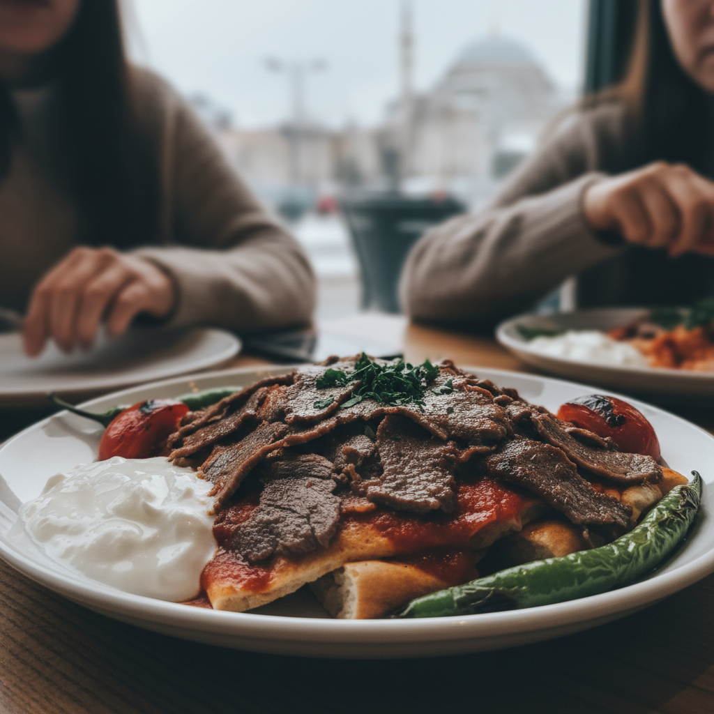 접시에 담긴 이스켄데르 케밥과 요구르트 소스