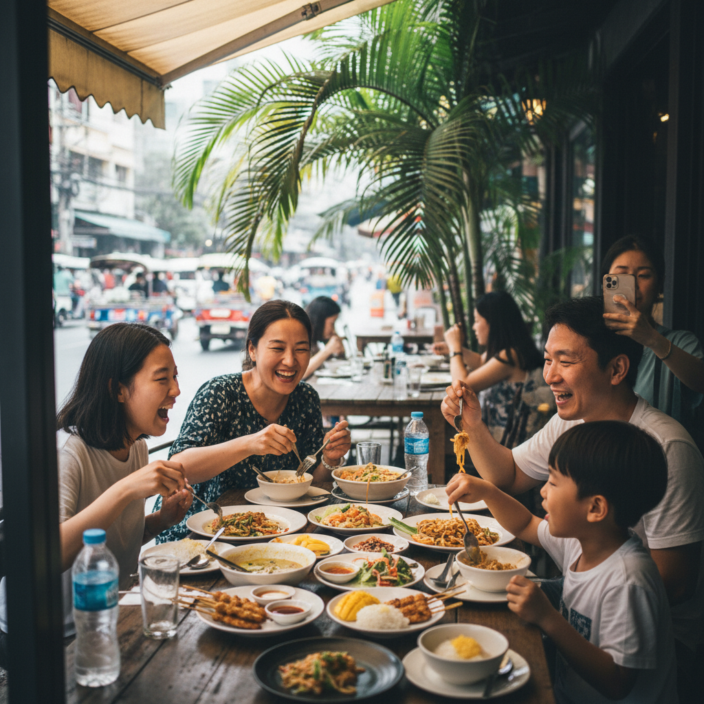 태국 음식을 맛있게 먹는 가족