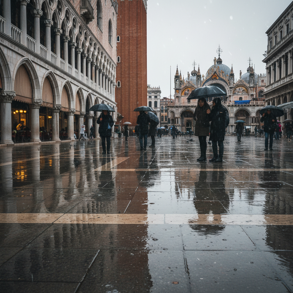 비 내리는 베니스 산 마르코 광장과 반사된 건물들의 모습