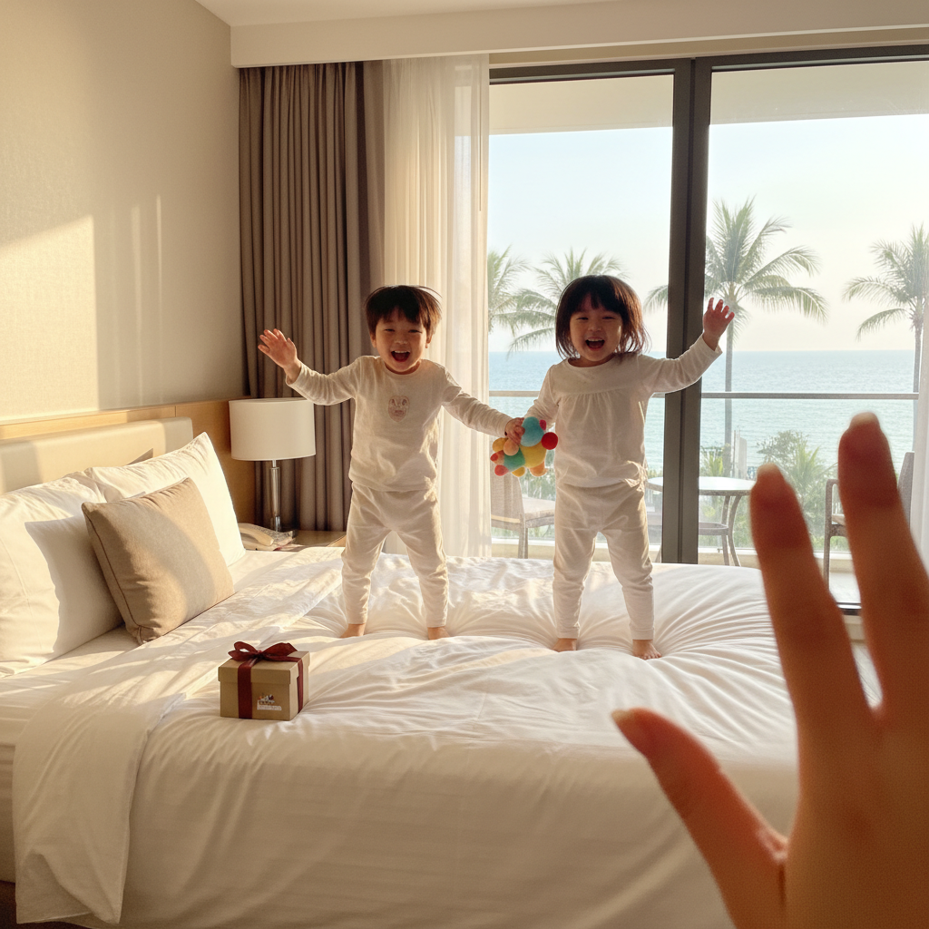 호텔 방에서 신나하는 아이들