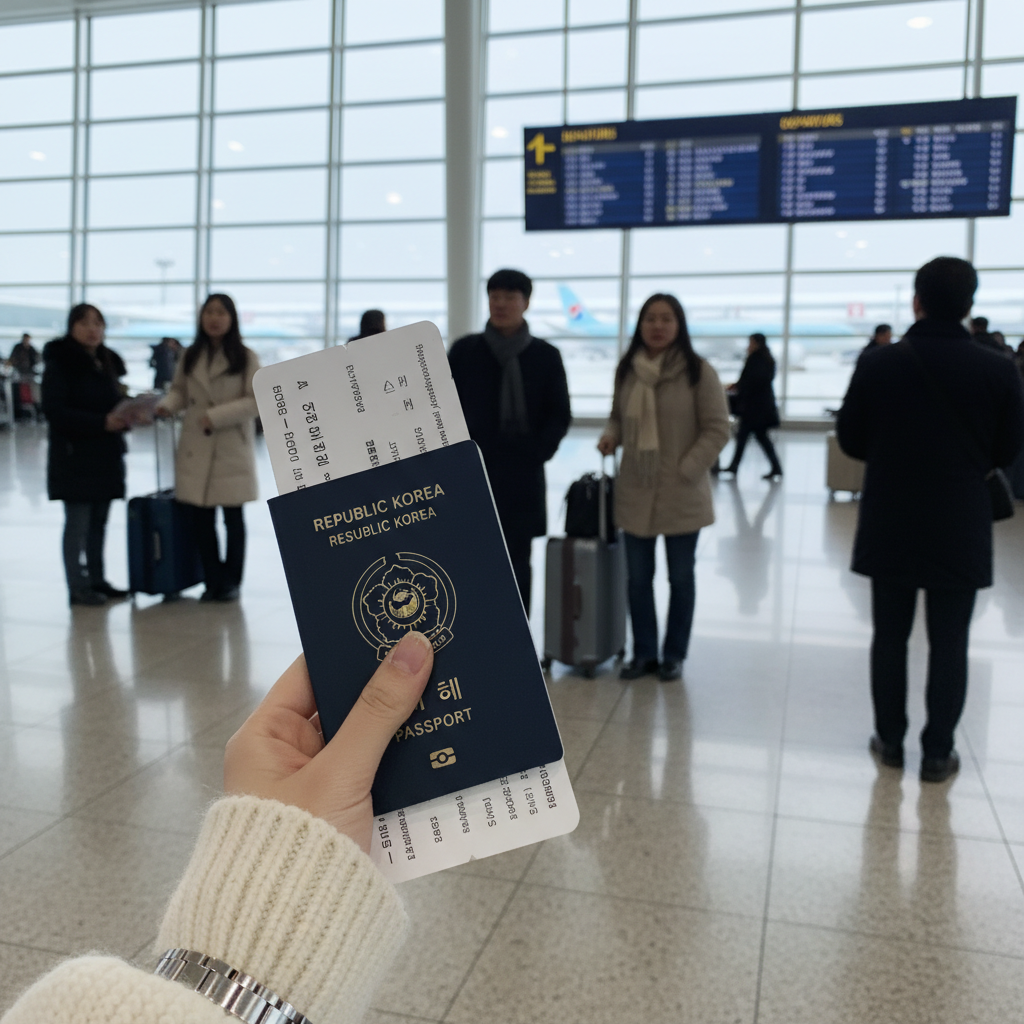 인천공항 출국장에서 여권과 티켓을 들고 찍은 사진