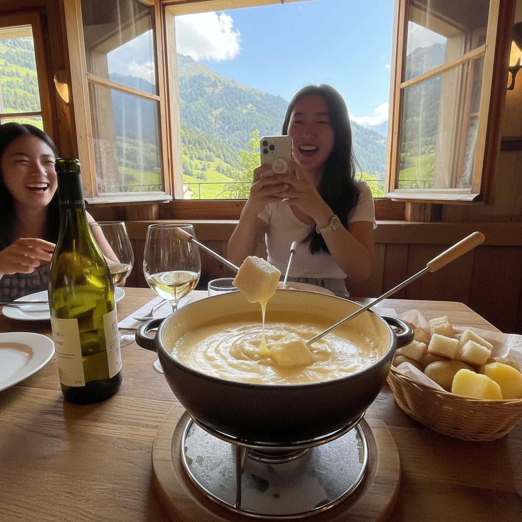 치즈 퐁듀와 와인이 차려진 테이블