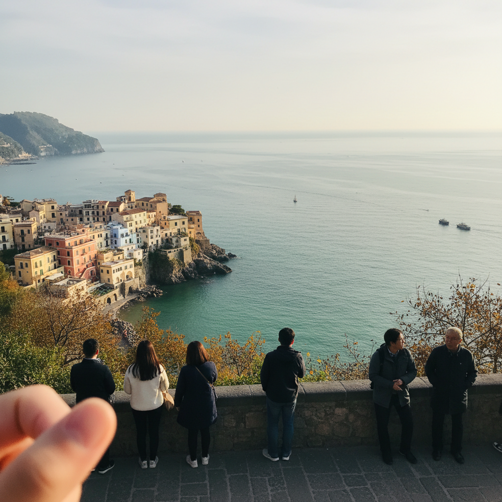 소렌토 해안가에서 바라본 에메랄드빛 지중해와 파스텔톤 건물들의 전경
