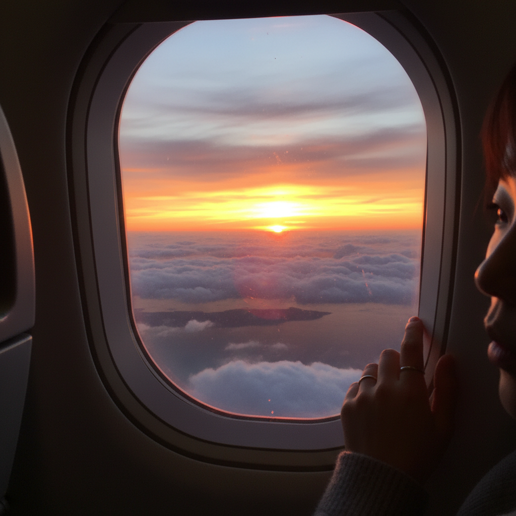 비행기 창문으로 바라본 일몰 풍경과 구름