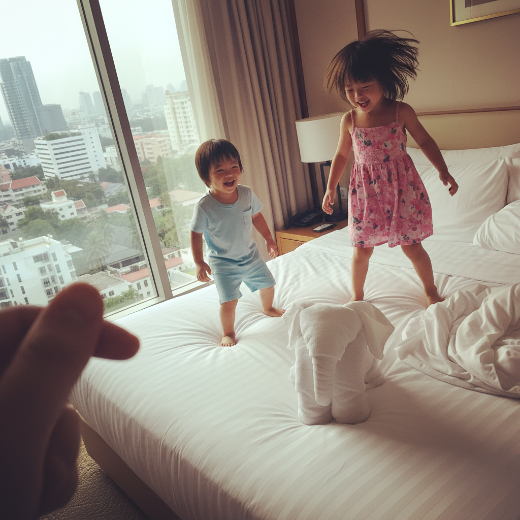 호텔 침대에서 뛰어노는 아이들