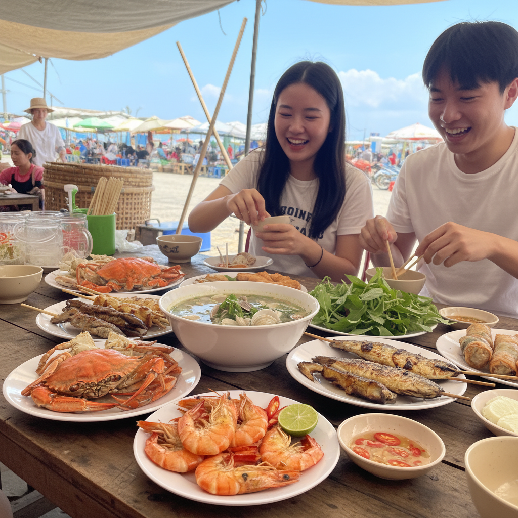 현지 해산물 시장의 다양한 해산물 요리와 식탁