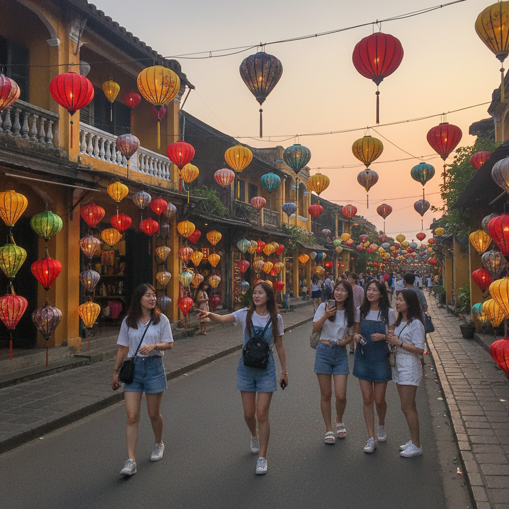 석양에 물든 호이안 고대도시의 랜턴 거리