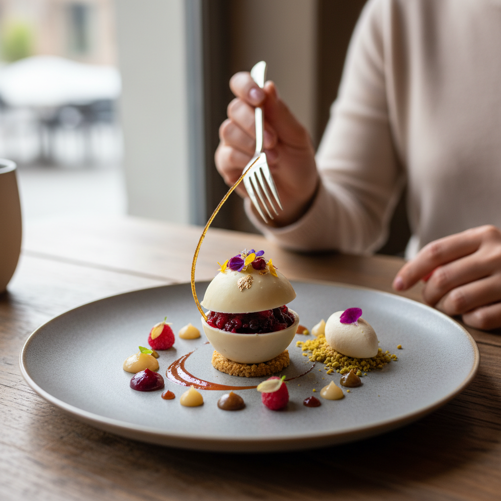 스위스 미슐랭 레스토랑의 정교한 디저트 플레이팅