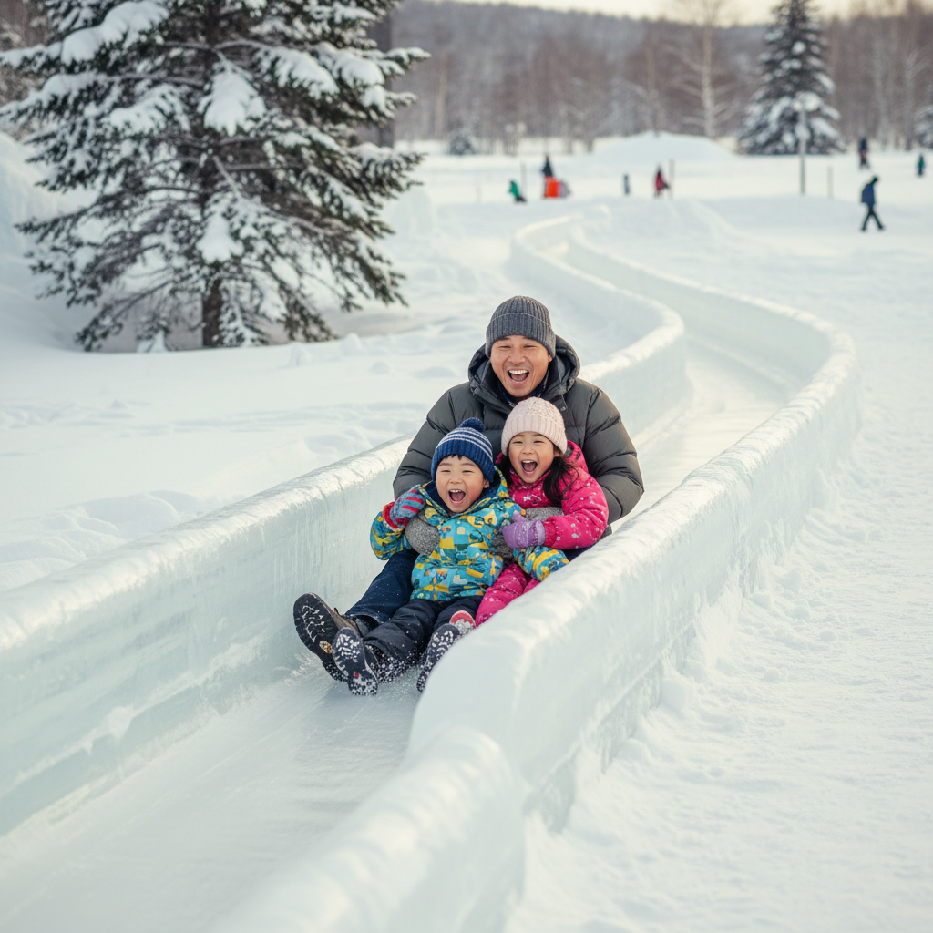 얼음 미끄럼틀을 타며 환호하는 아이들과 아빠