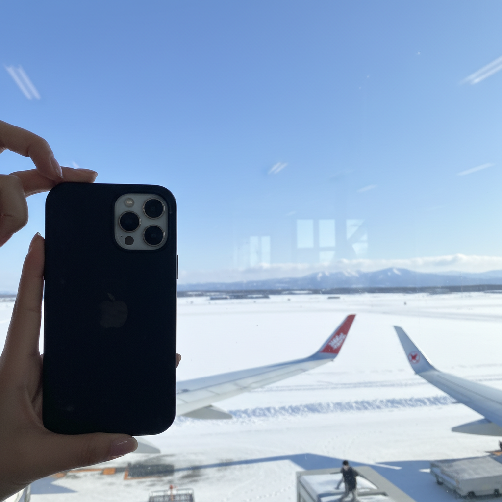 치토세 공항에 도착한 순간, 창문 너머로 보이는 하얀 설원과 맑은 하늘