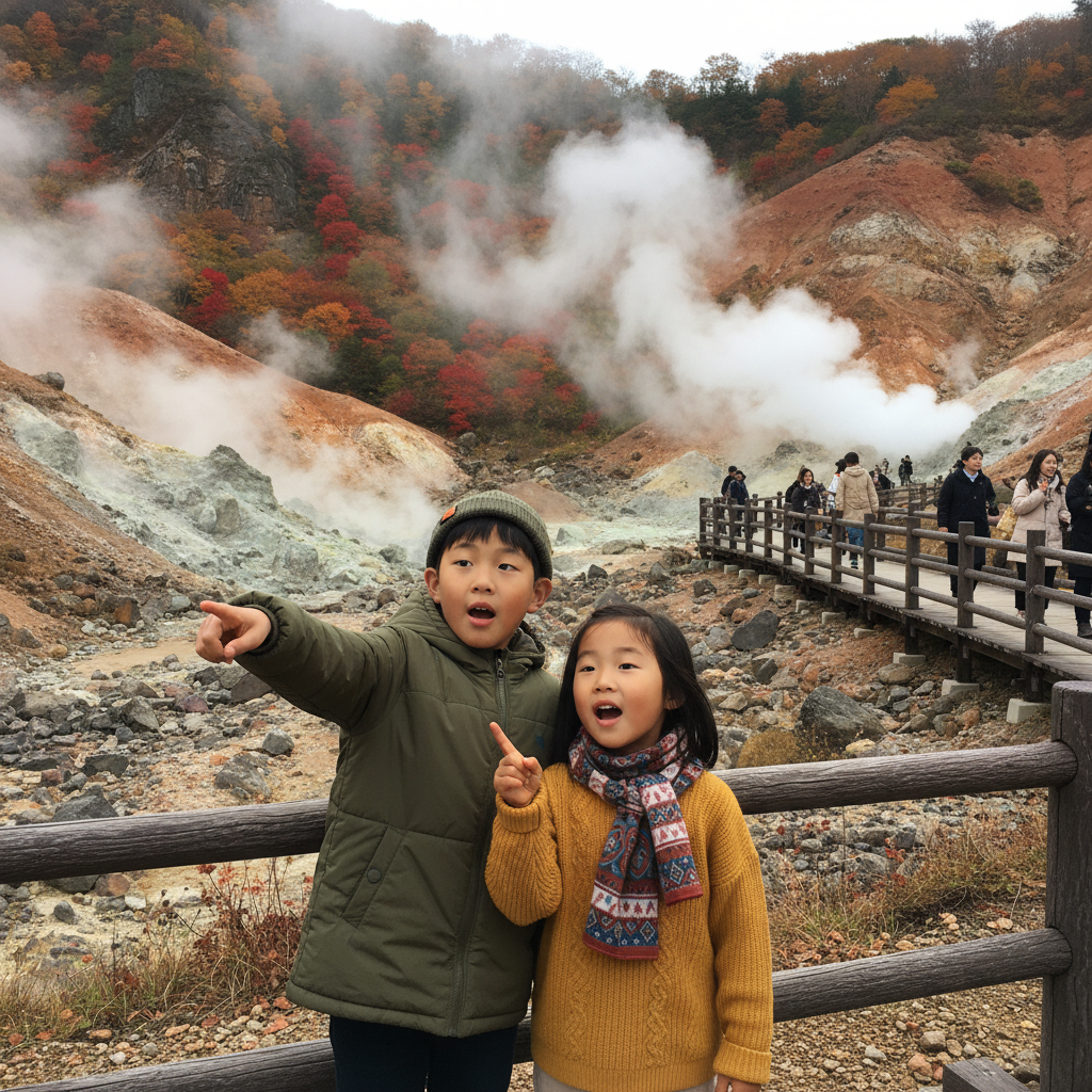 지옥계곡을 배경으로 신기한 표정을 짓고 있는 아이들