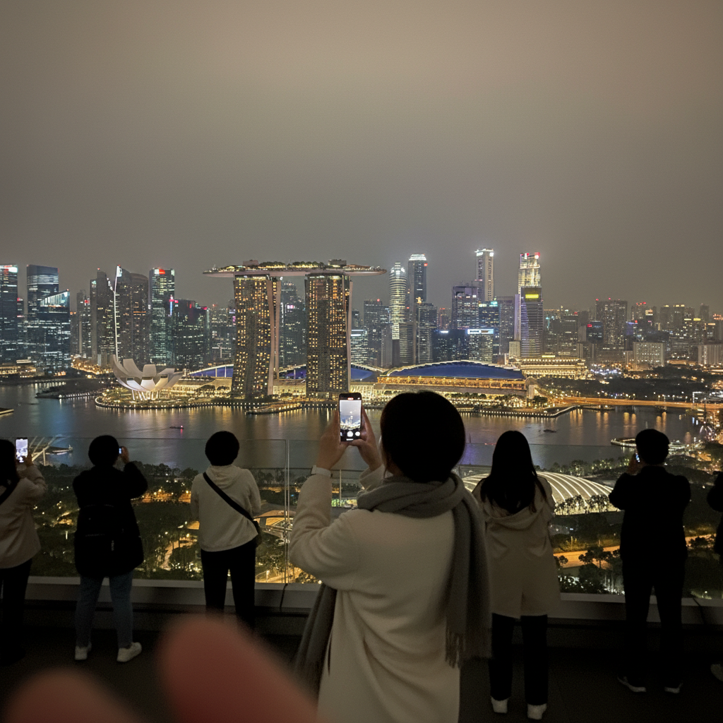 마리나 베이 샌즈의 야경과 빛나는 도시 전경