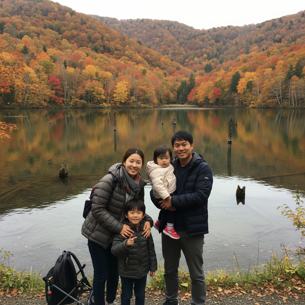 소운코 호수를 배경으로 찍은 가족 사진