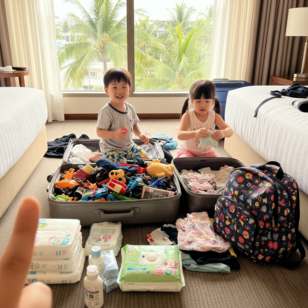 아이들이 여행 준비물을 챙기는 모습