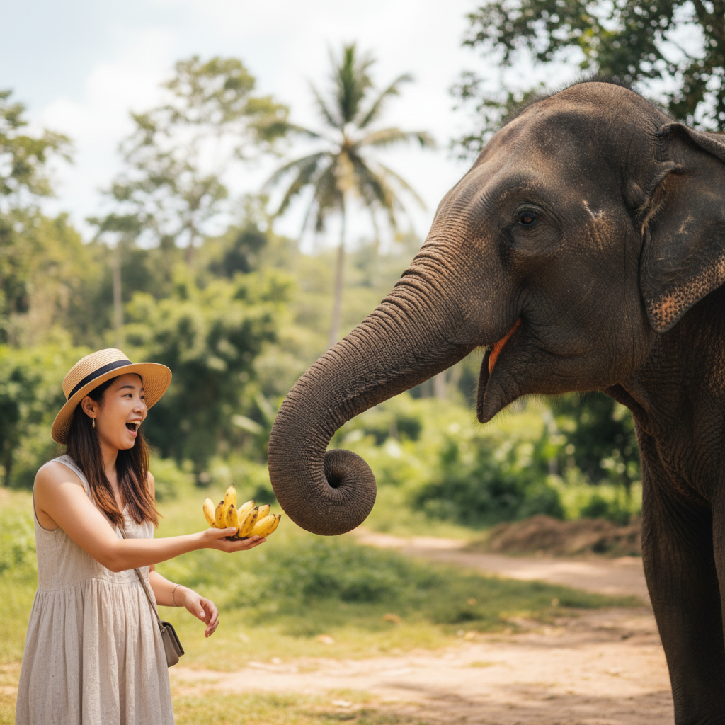 코끼리와 교감하며 바나나를 먹이는 모습