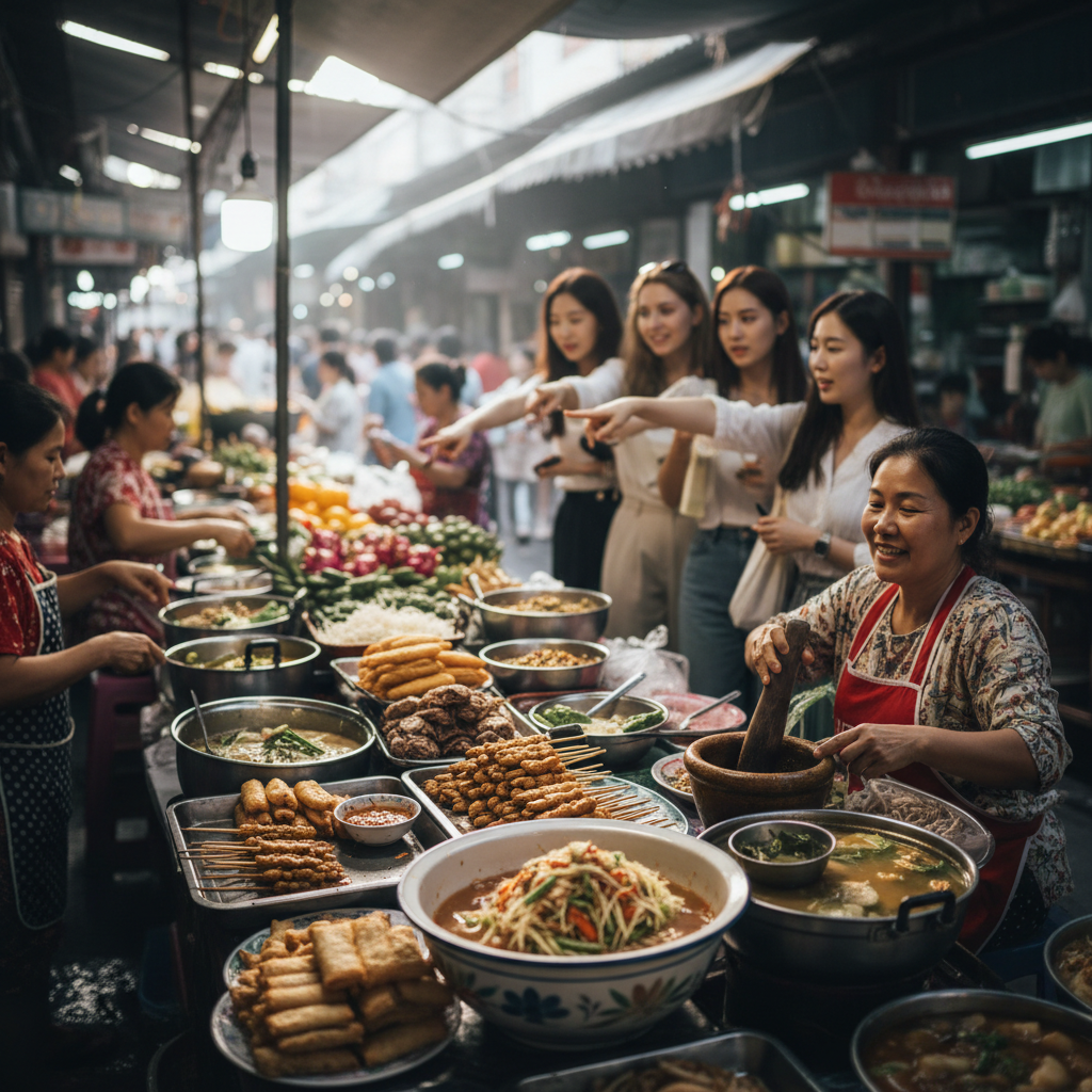 현지 시장에서 찍은 다양한 태국 음식들