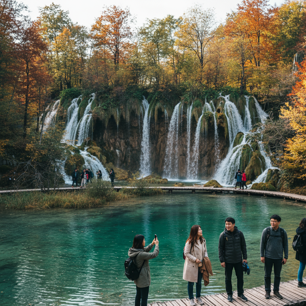 플리트비체 국립공원의 에메랄드 빛 폭포와 가을 단풍이 어우러진 풍경