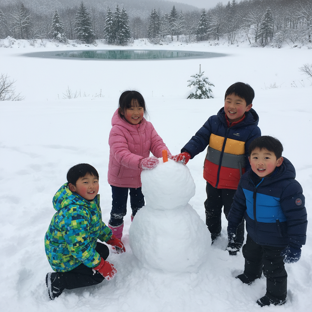 새하얀 눈밭에서 눈사람을 만드는 아이들