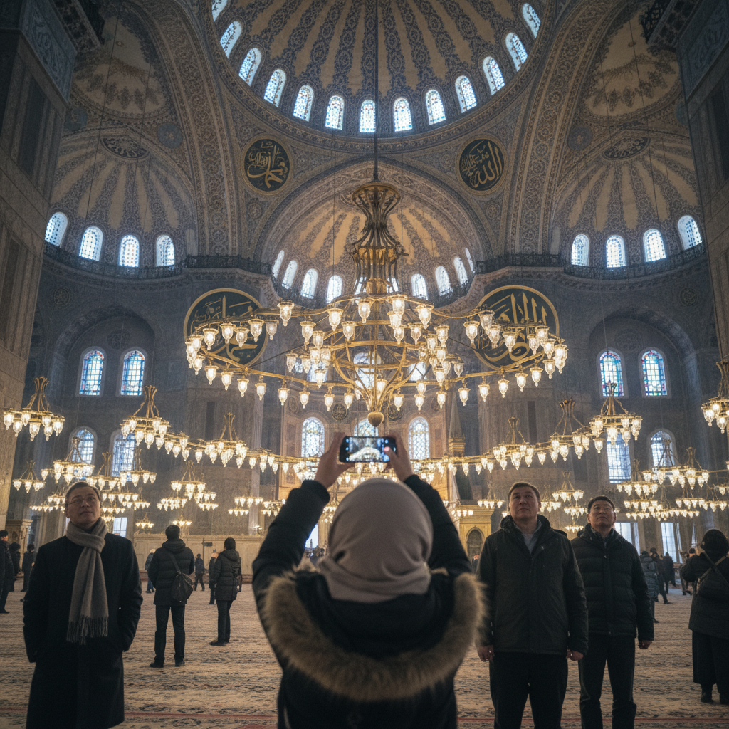 블루 모스크 내부의 화려한 천장과 샹들리에
