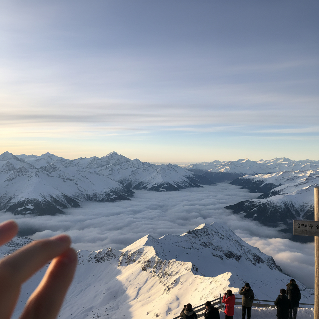 융프라우 정상에서 바라본 눈 덮인 알프스 산맥과 구름 위로 펼쳐진 파노라마 전경