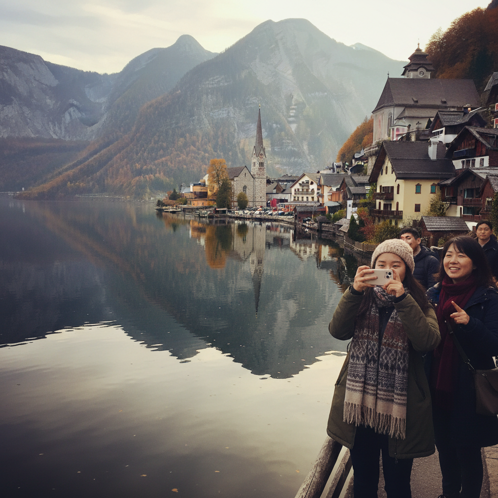 할슈타트 호수에 비친 마을과 산의 완벽한 반사 모습