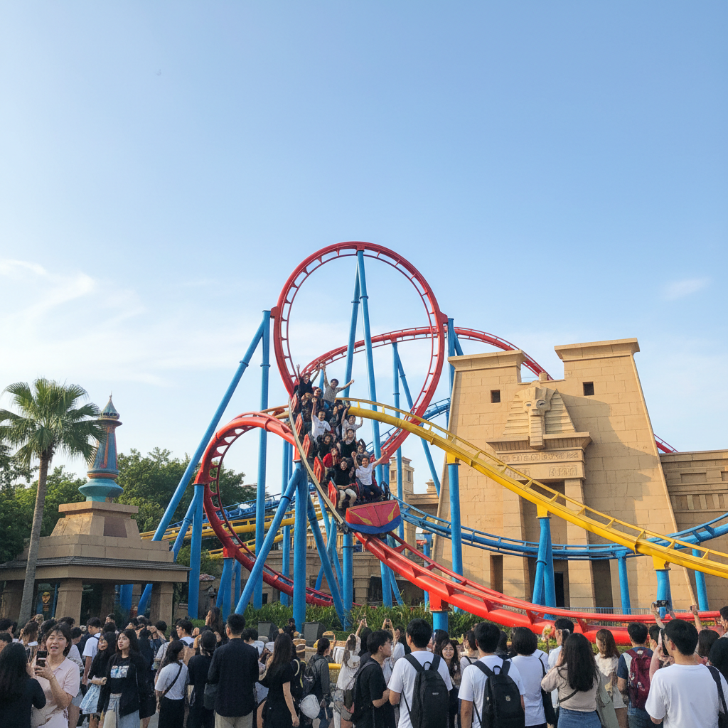 유니버설 스튜디오 싱가포르의 화려한 놀이기구와 파란 하늘