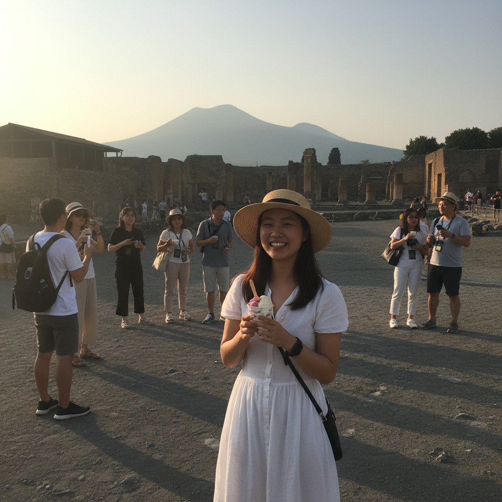 폼페이 유적지에서 베수비오 화산을 배경으로 한 특별한 경험