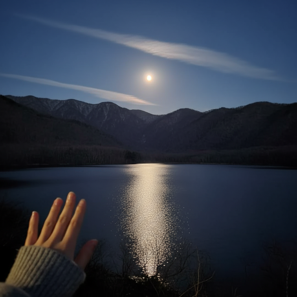 소운코 호수 위로 떠오른 달빛과 그 반영이 만든 은빛 물결