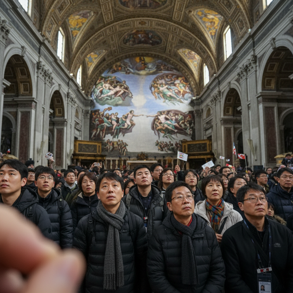 바티칸 시스티나 성당 내부 천장화와 관람객들