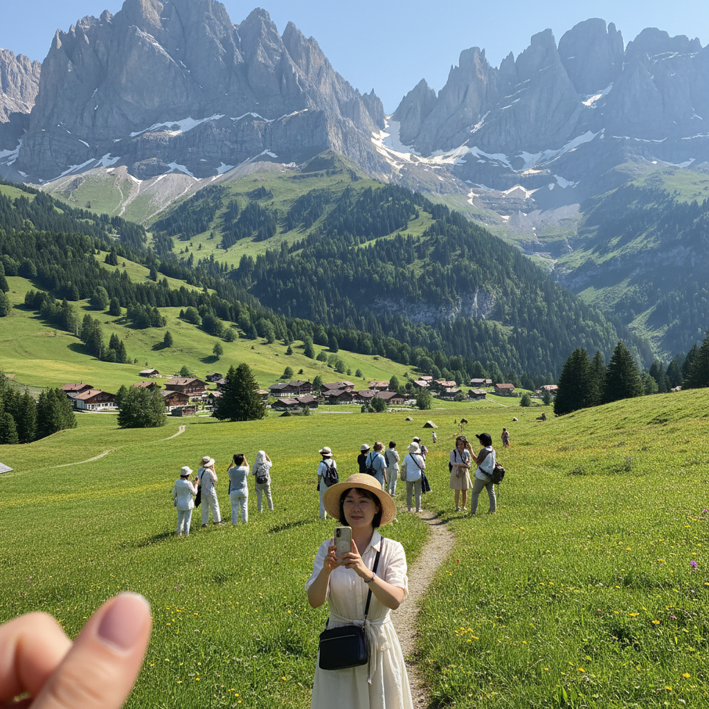 스위스 알프스의 웅장한 전경과 푸른 초원이 펼쳐진 풍경