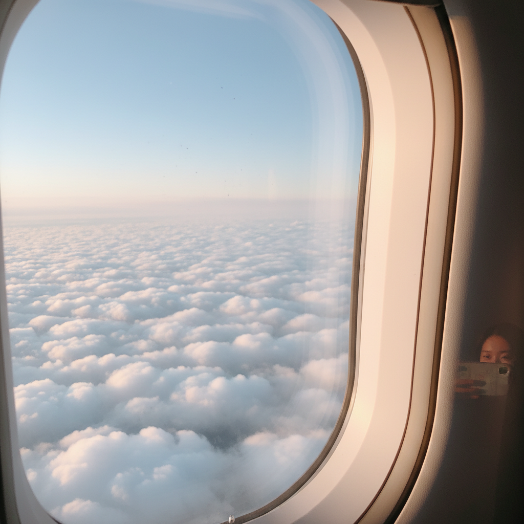 비행기 창문으로 바라본 하늘과 구름